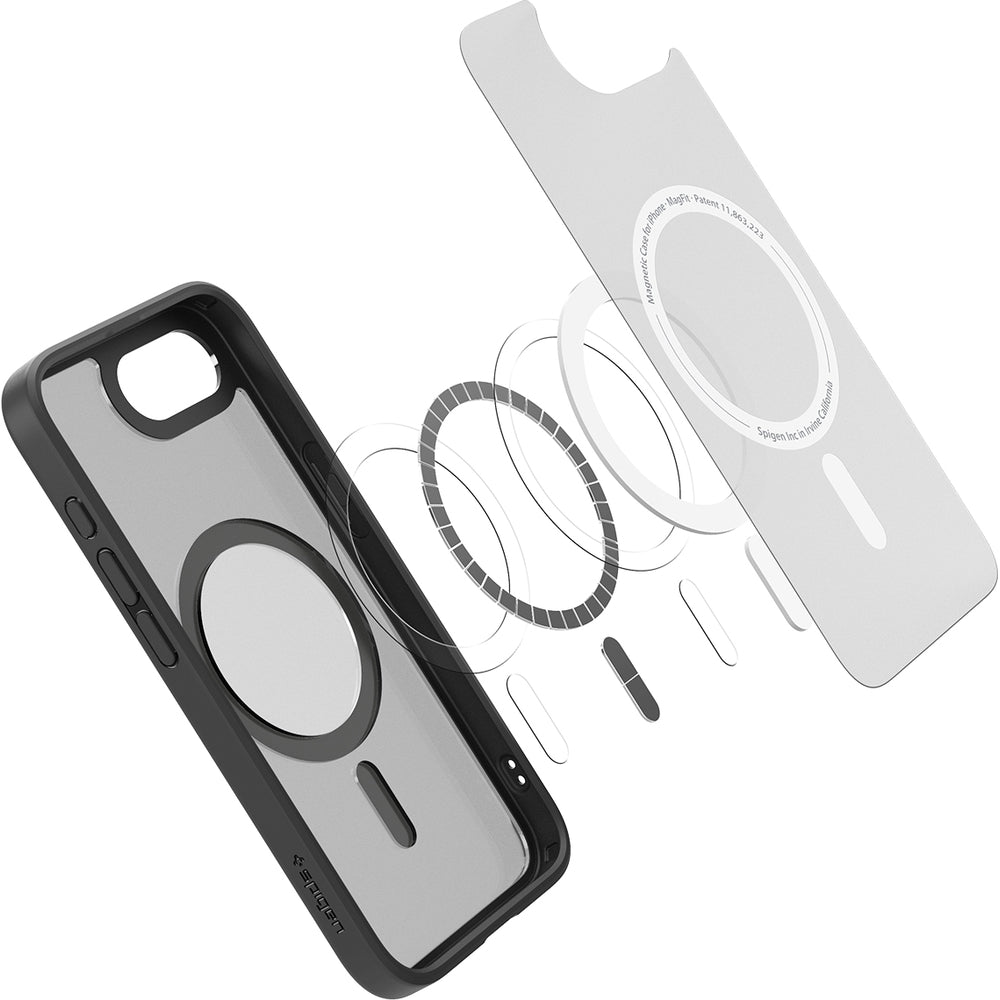 Handyhülle für iPhone 17e / 16e, Spigen Crystal Hybrid Mag mit MagSafe, Grau-Schwarz