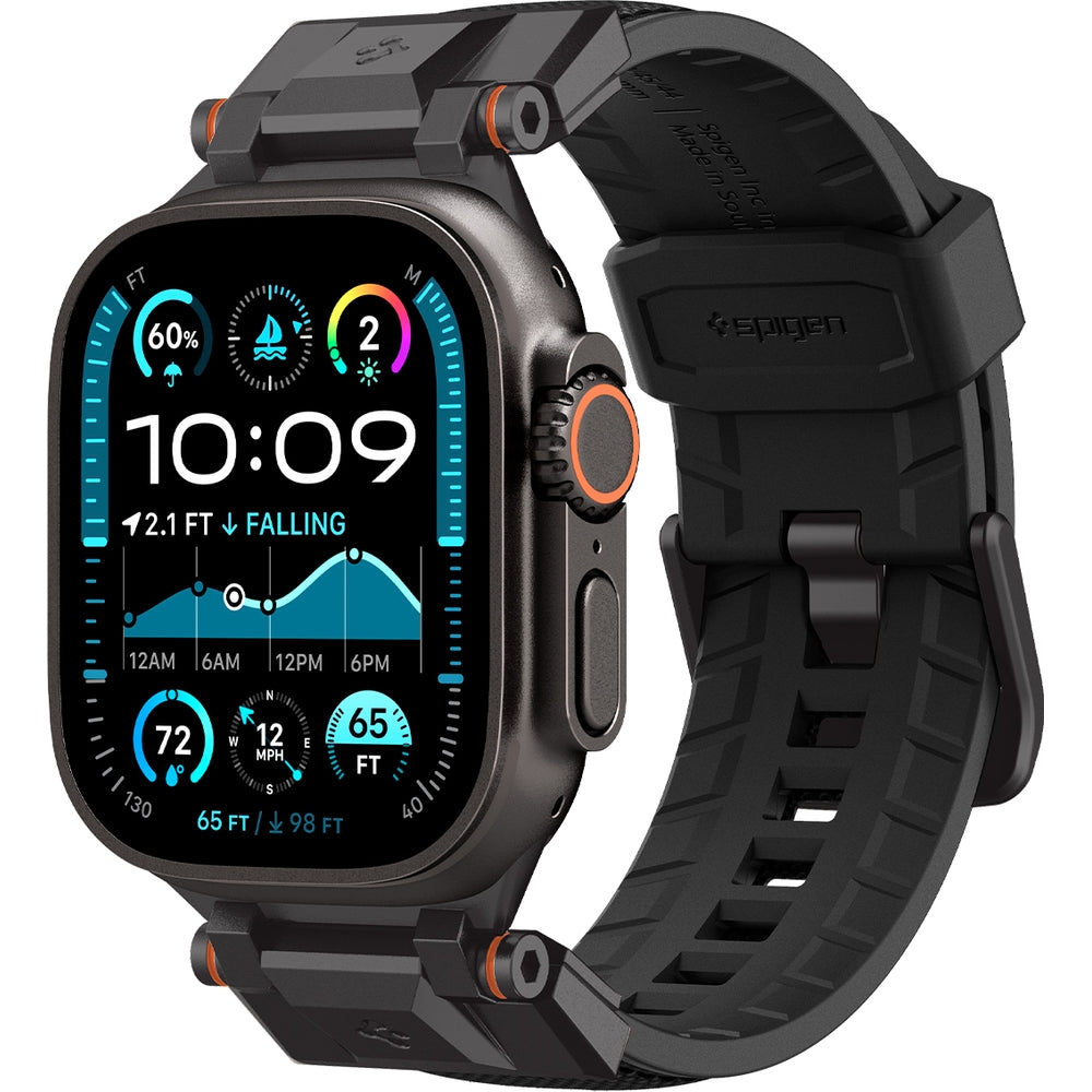 Spigen DuraPro Armor Armband für Apple Watch, robustes Design, TPU und Nylon, Schwarz, kompatibel mit 49/46/45/44 mm Modellen.
