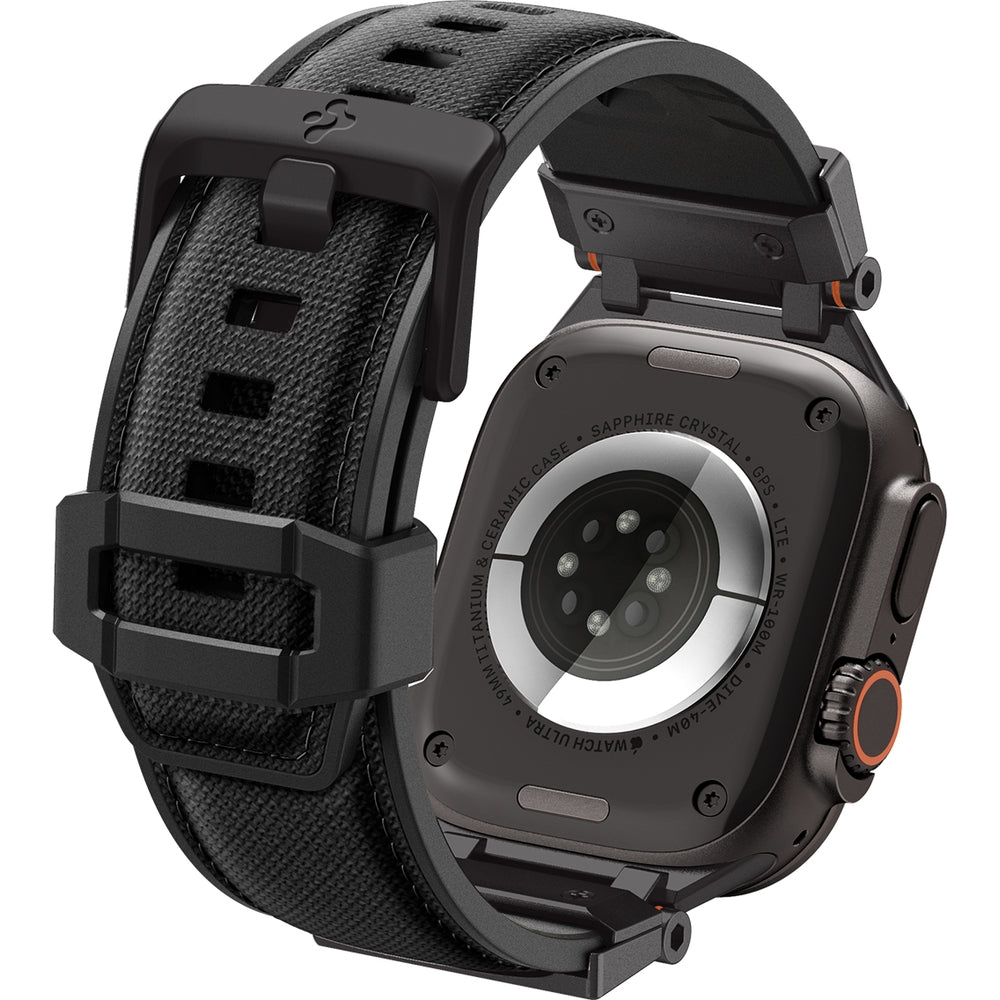 Armband Spigen DuraPro Armor für Apple Watch, Schwarz, Nylon-TPU-Mix, kompatibel mit Modelle 49/46/45/44 mm, Seitenansicht.