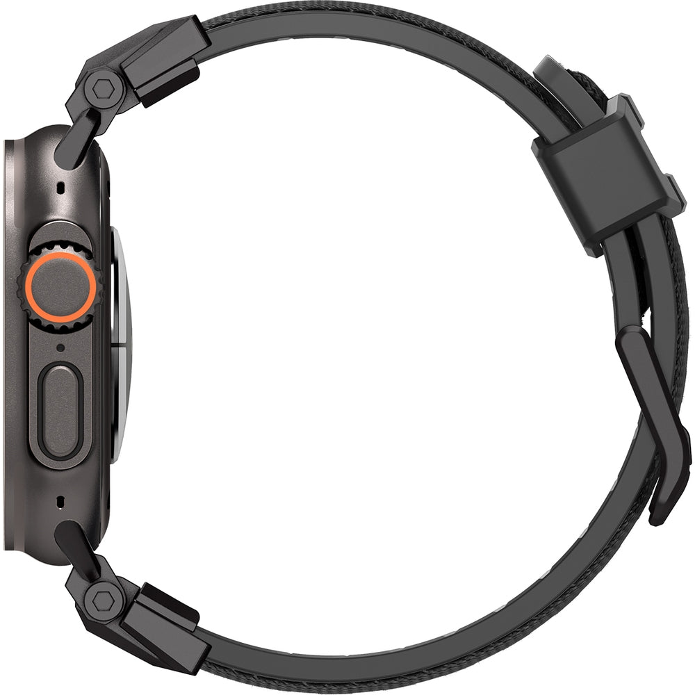 Spigen DuraPro Armor Armband für Apple Watch in Schwarz, aus TPU und Nylon, seitliche Ansicht.