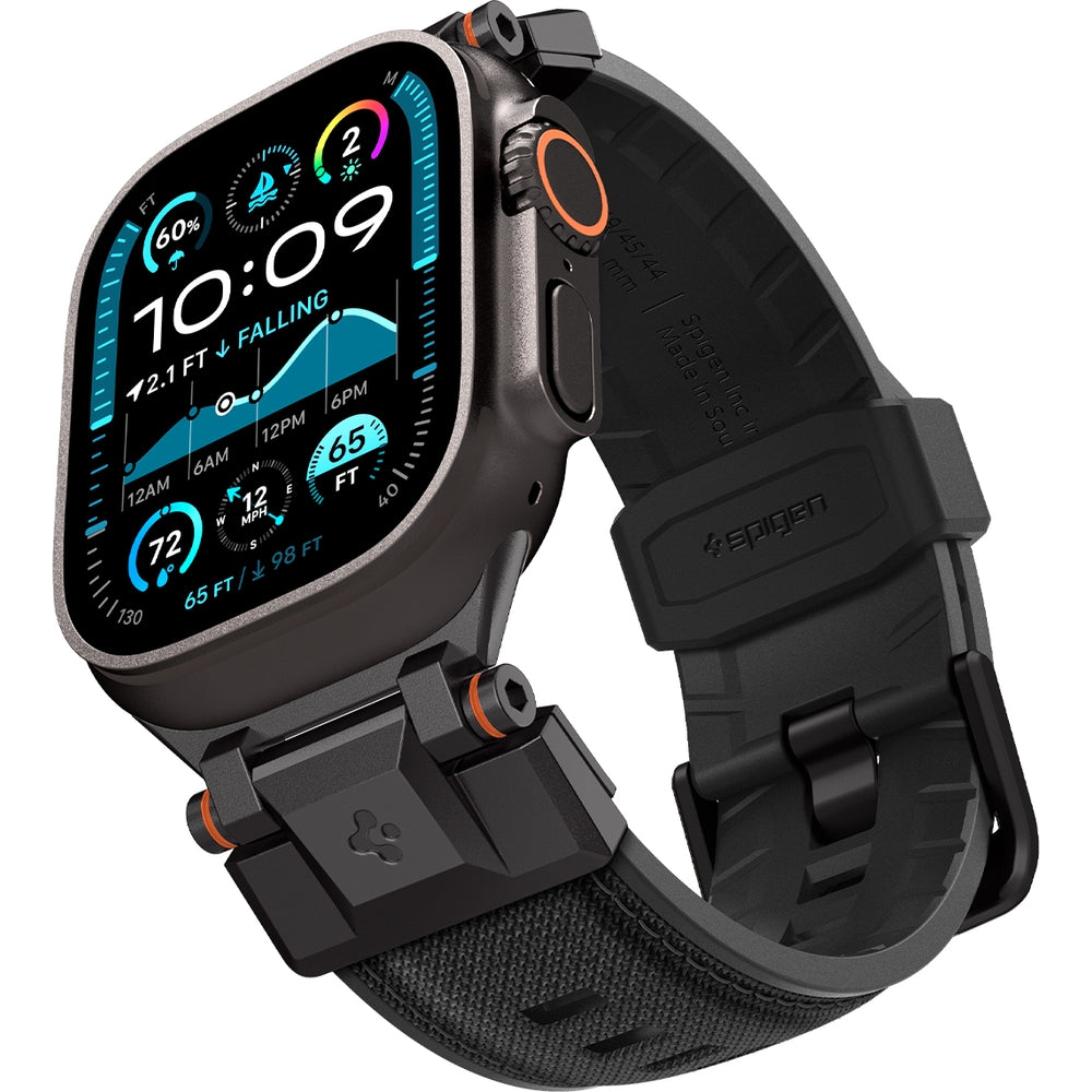 Armband Spigen DuraPro Armor für Apple Watch 49/46/45/44 mm in Schwarz, aus TPU und Nylon mit Metallverbindungen und Schließe.