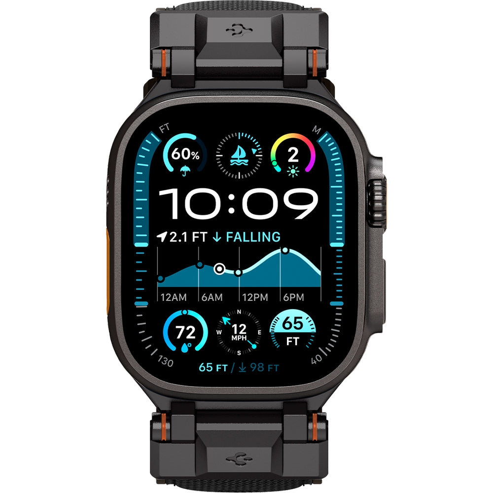 Schwarzes Spigen DuraPro Armor Armband für Apple Watch, kompatibel mit Modellen von 42 mm bis 49 mm, robustes TPU und Nylon-Design.