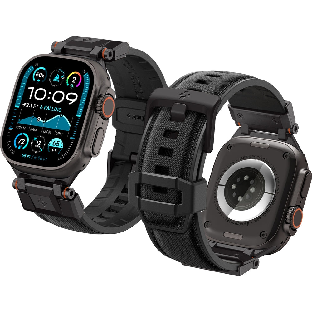 Armband für Apple Watch, Spigen DuraPro Armor in Schwarz, strapazierfähiges TPU und Nylon, kompatibel mit mehreren Apple Watch Modellen.