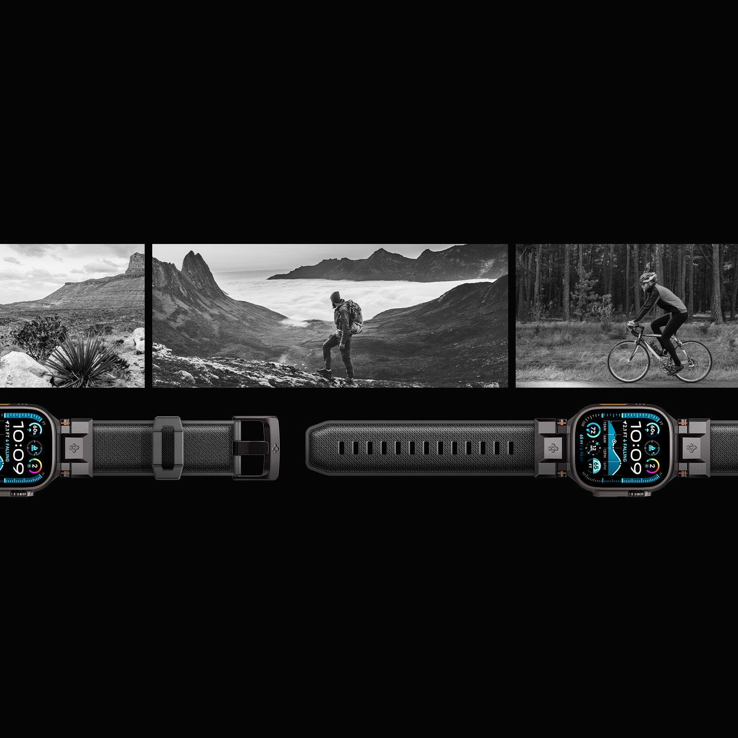 Schwarzes Spigen DuraPro Armor Armband für Apple Watch, kombiniert mit Outdoor-Aktivitäten wie Wandern und Radfahren, dargestellt auf einem Bild.