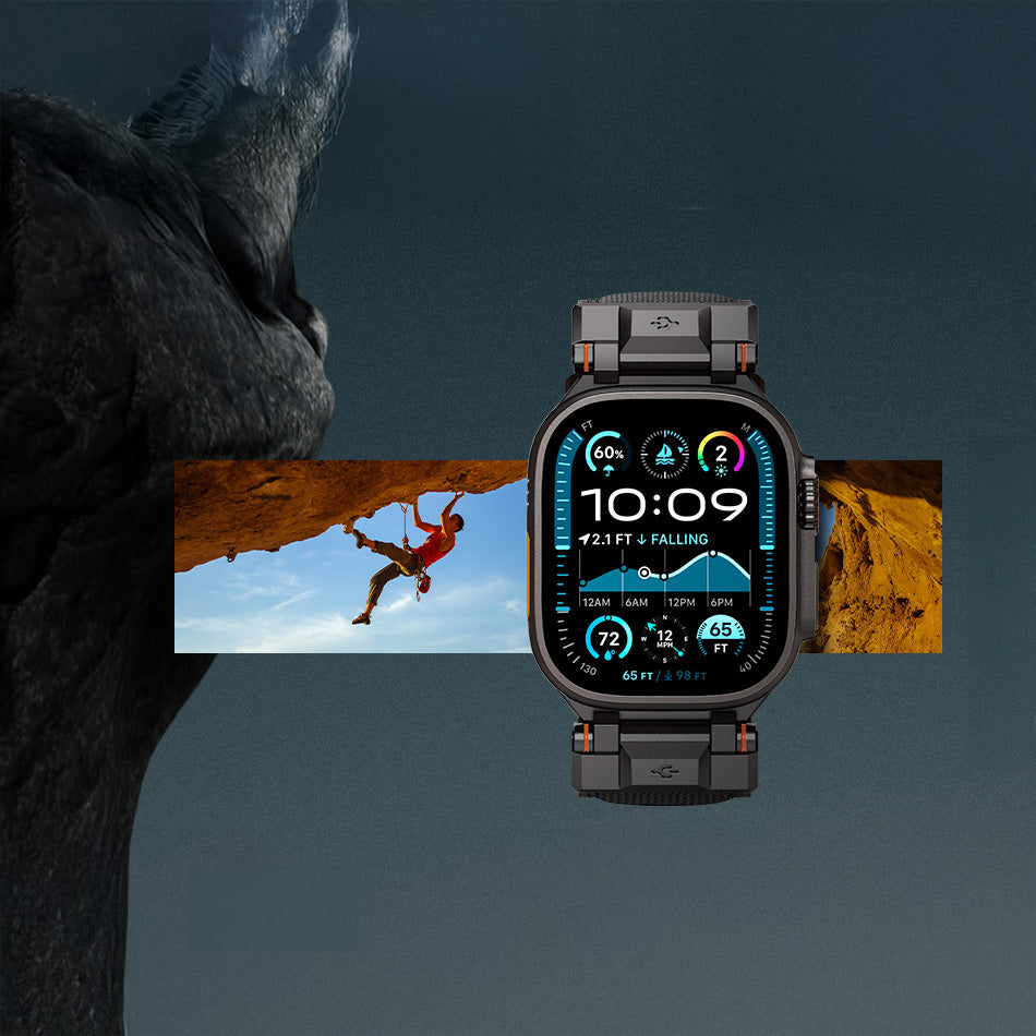 Apple Watch mit Spigen DuraPro Armor Armband in Schwarz, Kletterer im Hintergrund, robustes Design für Abenteurer.