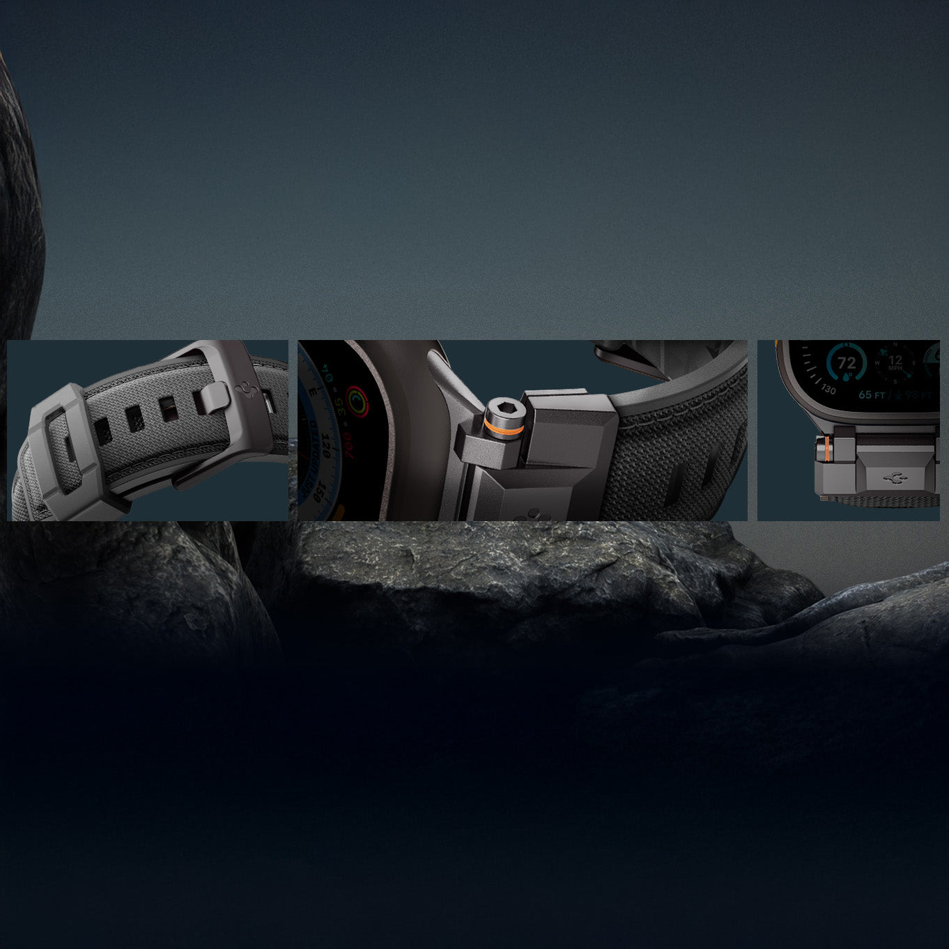 Nahaufnahme des Spigen DuraPro Armor Armbands für Apple Watch in Schwarz, mit strapazierfähigem TPU und Nylon, Metallschließe sichtbar.