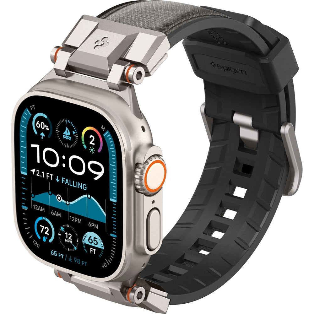 Grau Spigen DuraPro Armor Armband für Apple Watch, TPU und Nylon, kompatibel mit 49/46/45/44 mm Modellen, robust und stilvoll.