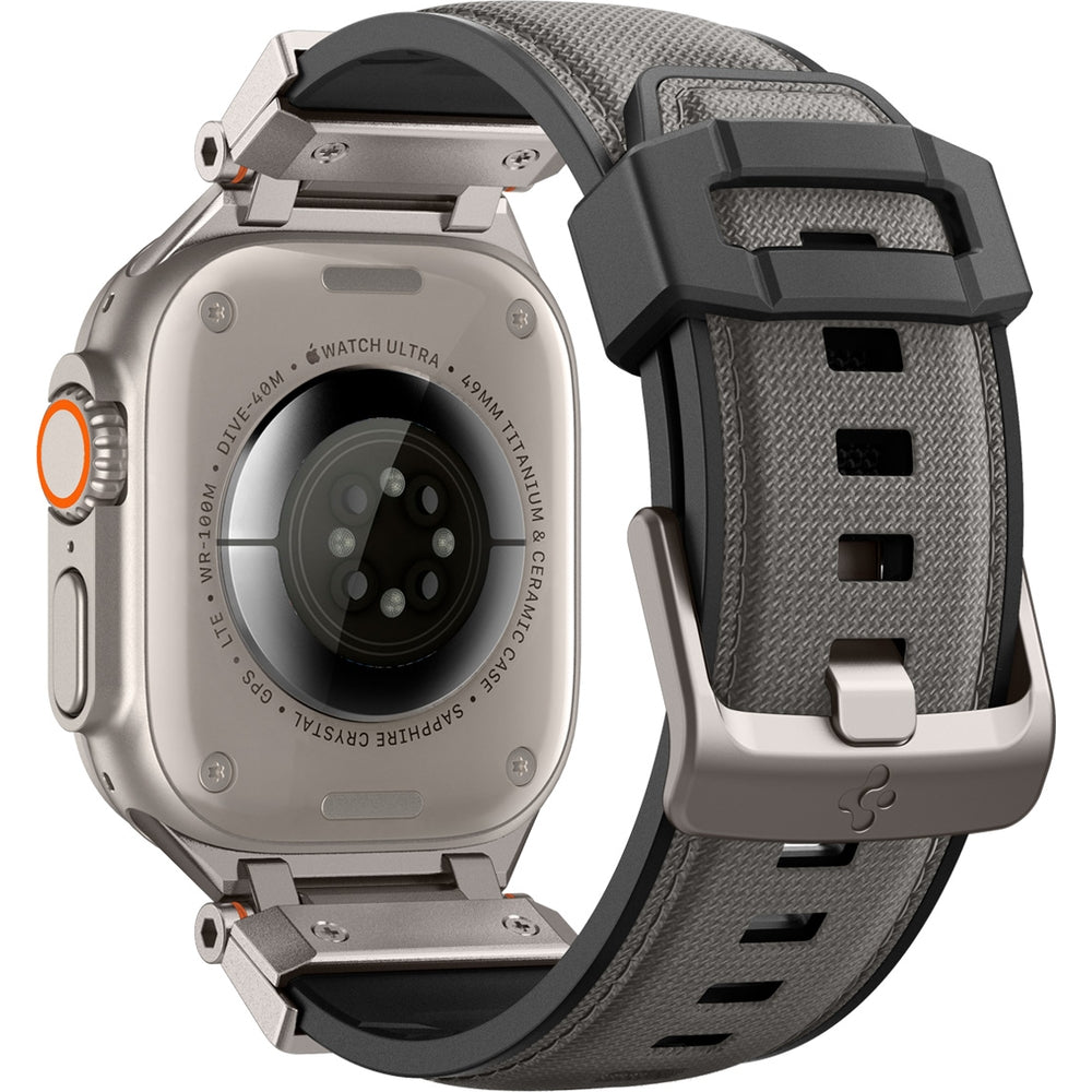 Armband Spigen DuraPro Armor für Apple Watch, grau, robustes Design mit TPU und Nylon, Metallverbindungen, Schließe.