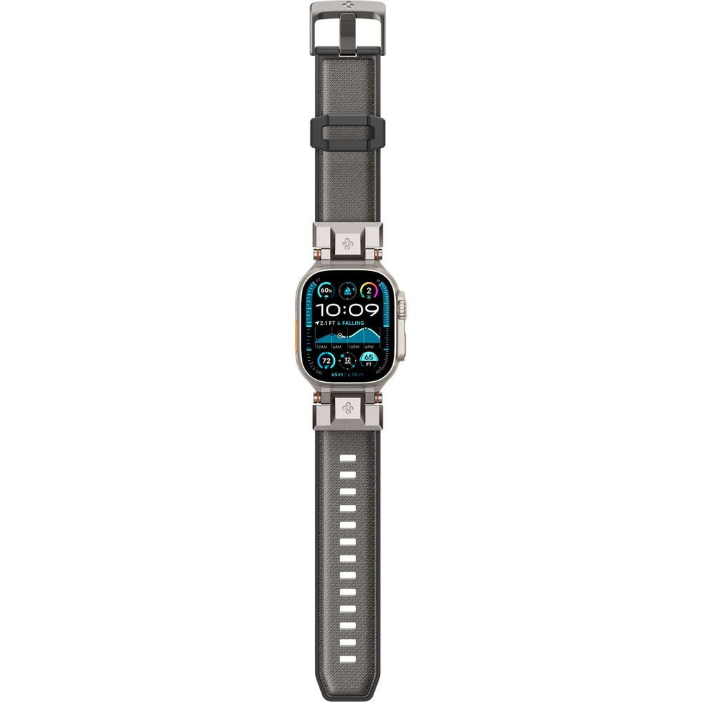 Spigen DuraPro Armor Armband für Apple Watch in Grau, passend für 49/46/45/44 mm Modelle, gefertigt aus TPU und Nylon mit Metallschließe.
