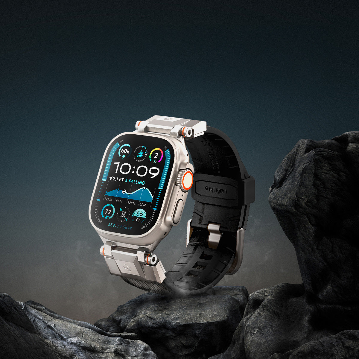 Armband Spigen DuraPro Armor Grau für Apple Watch auf steinigem Hintergrund