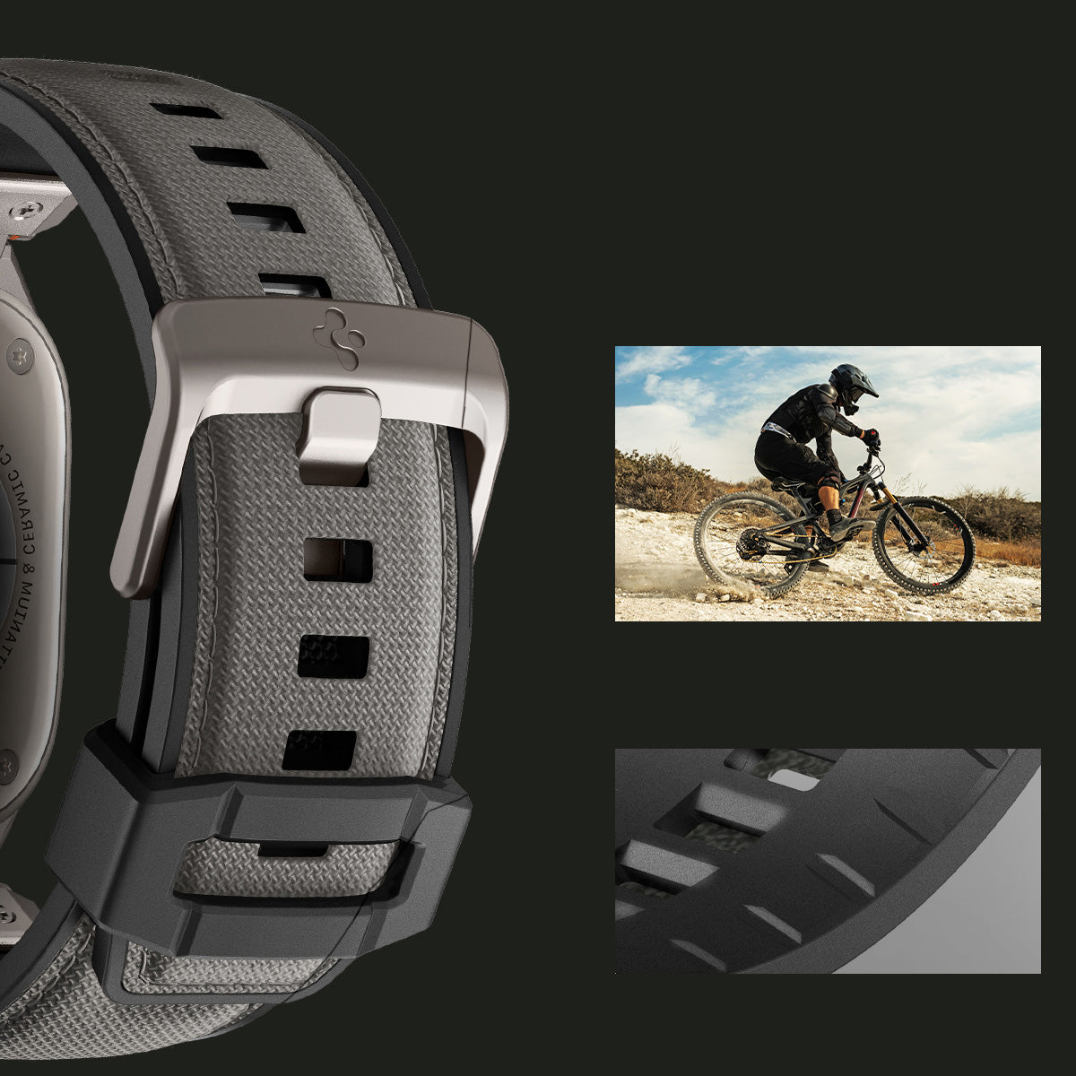 Spigen DuraPro Armor Armband für Apple Watch in Grau, robustes TPU und Nylon-Design, ideal für Outdoor-Aktivitäten wie Radfahren.