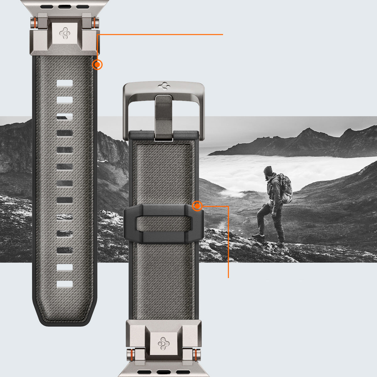 Spigen DuraPro Armor Armband in Grau für Apple Watch, robustes Design aus TPU und Nylon, ideal für Outdoor-Aktivitäten.