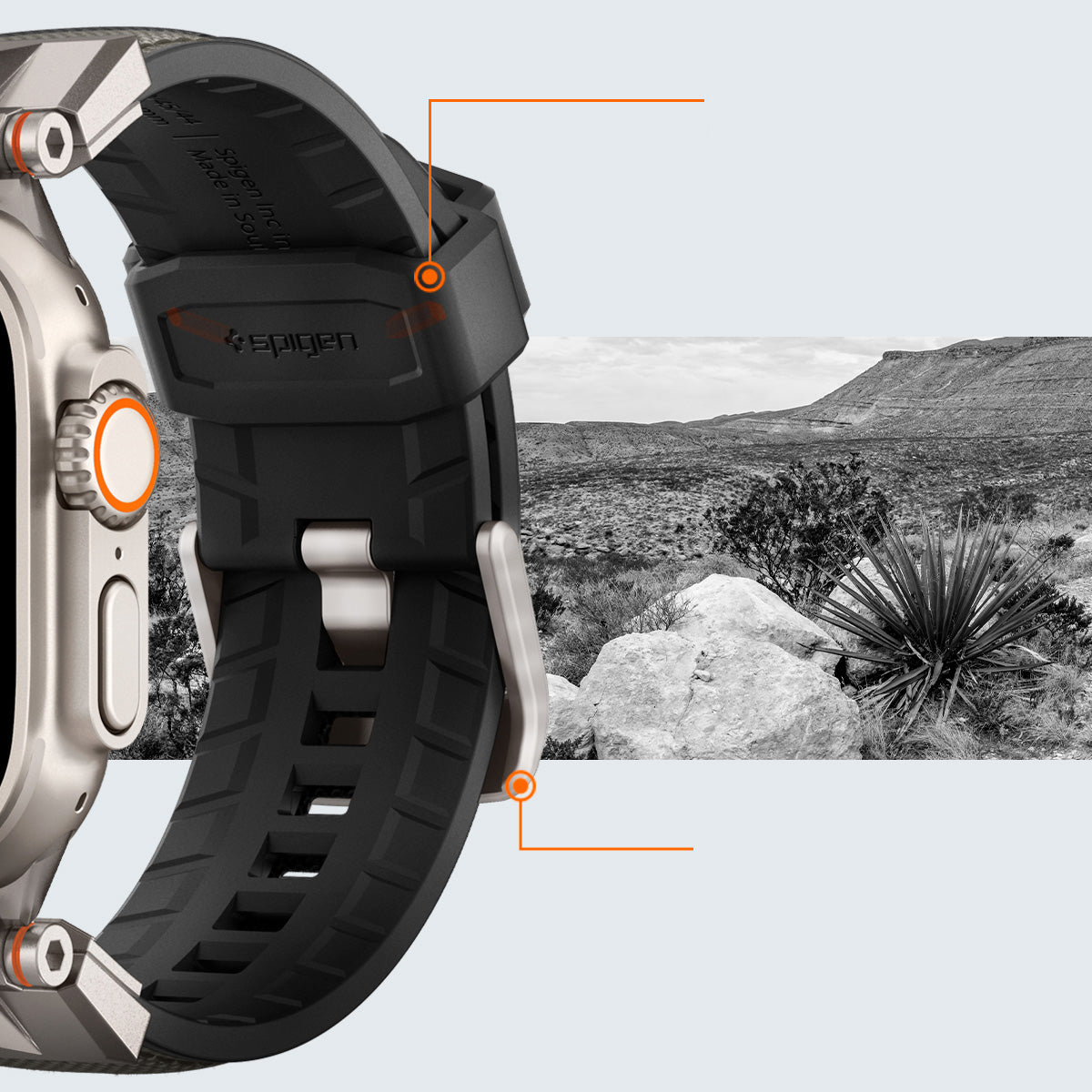Spigen DuraPro Armor Armband in Grau für Apple Watch, hergestellt aus strapazierfähigem TPU und Nylon, mit Metallverbindungen und Schließe.