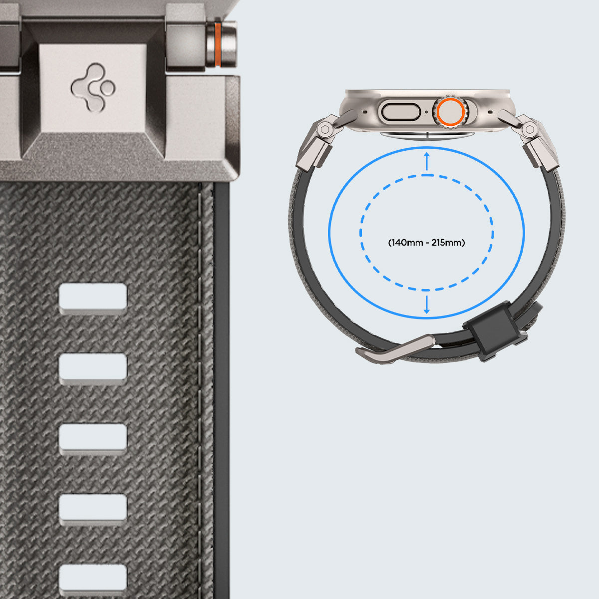 Spigen DuraPro Armor Armband für Apple Watch in Grau, robustes Design aus TPU und Nylon, geeignet für Größen 49/46/45/44 mm.