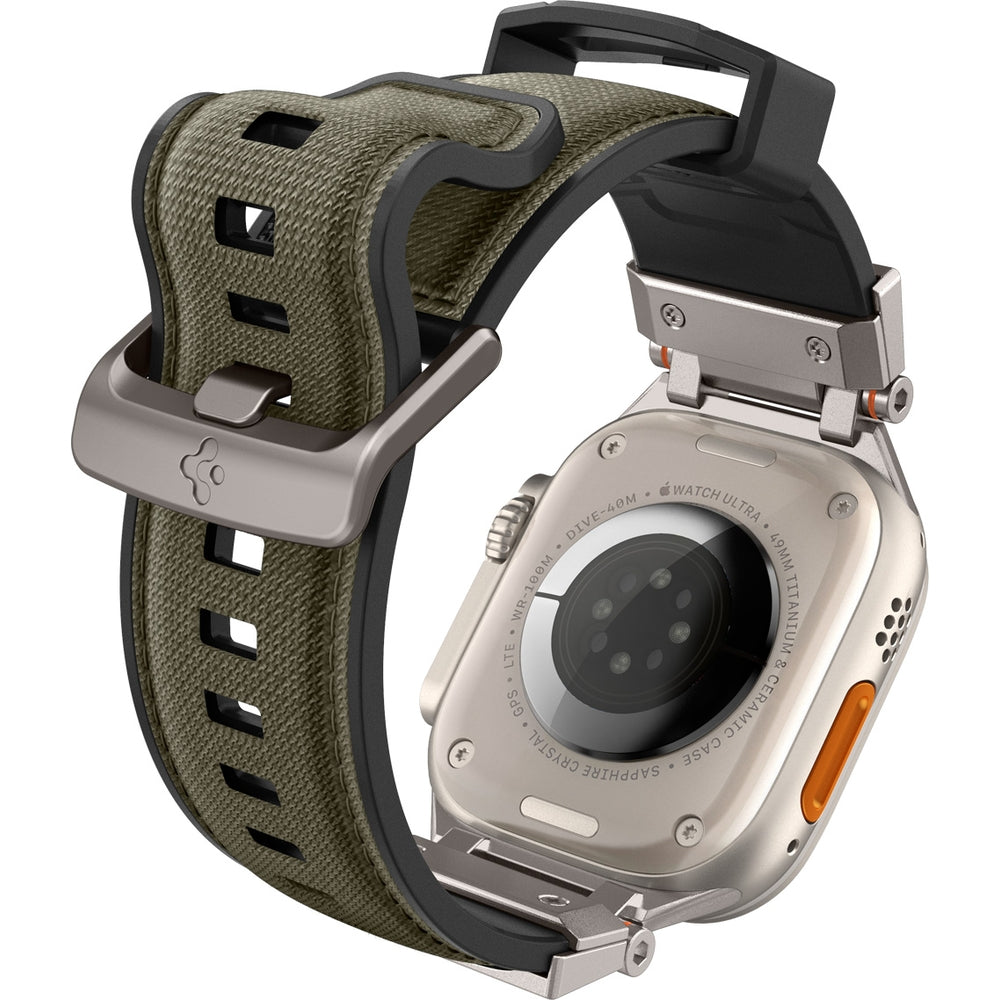 Grünes Spigen DuraPro Armor Armband für Apple Watch, TPU, Nylon, Metallverbindungen, passend für 49/46/45/44 mm Modelle.