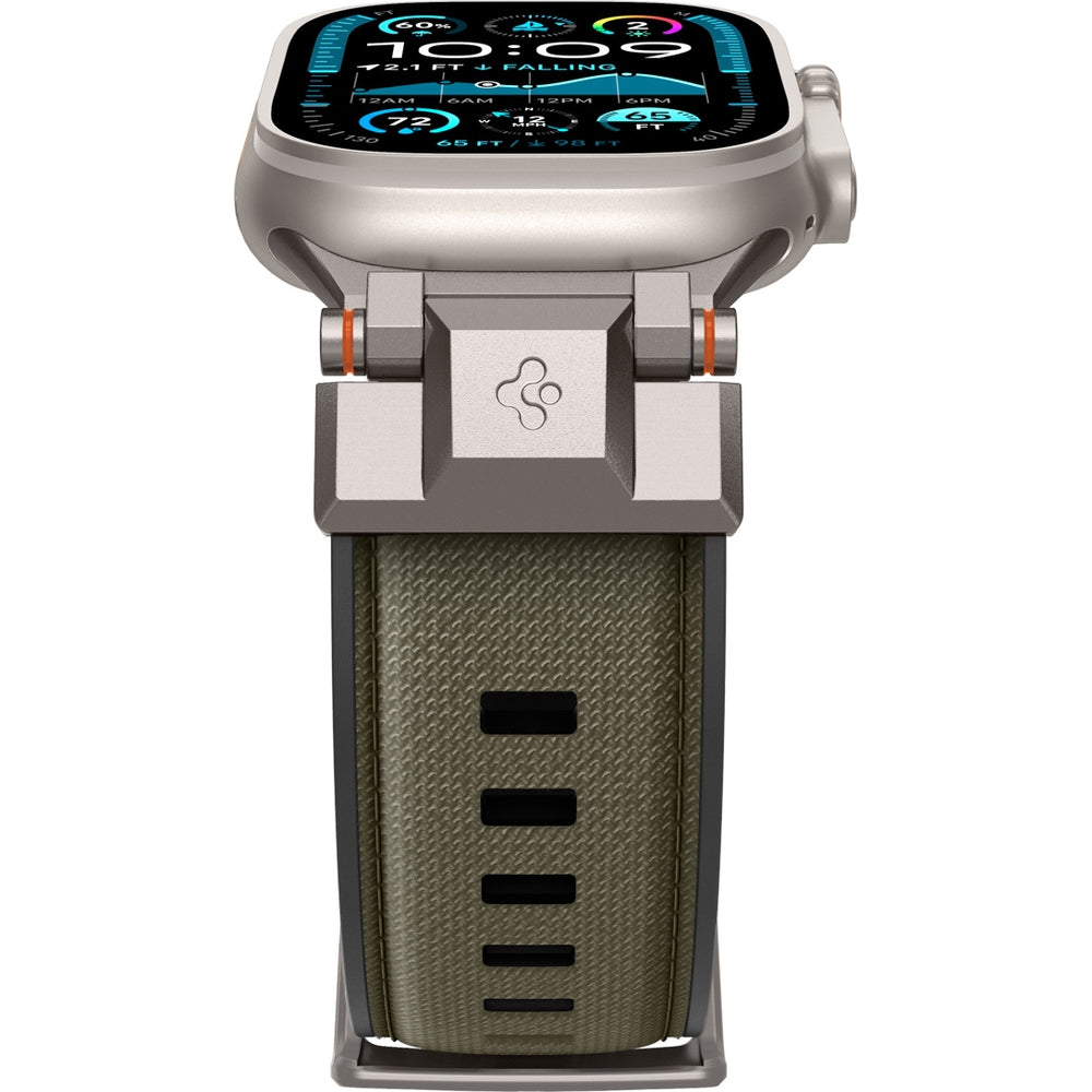 Grünes Spigen DuraPro Armor Armband für Apple Watch, robustes TPU und Nylon, kompatibel mit Modellen 49/45/44/42 mm.