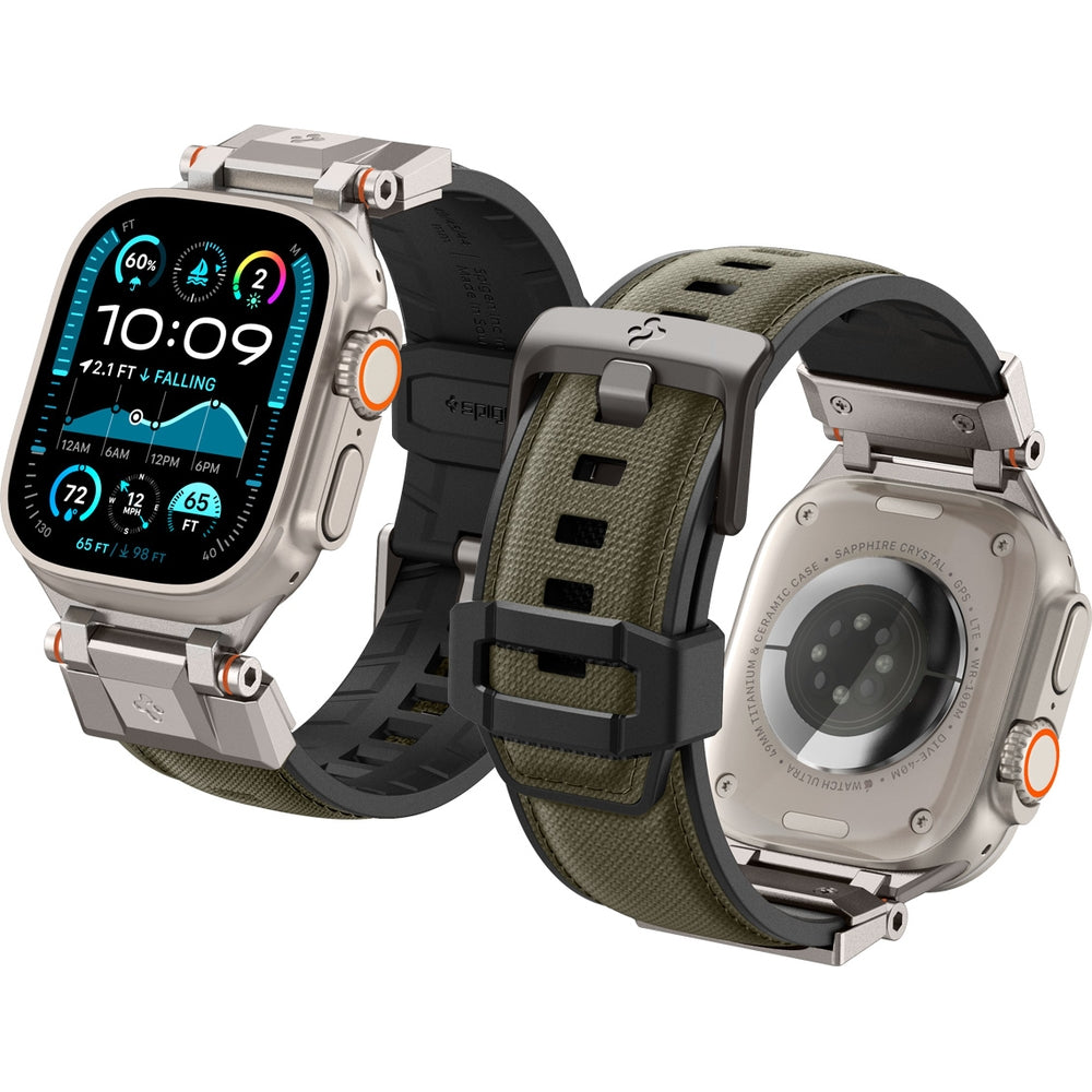 Grünes Spigen DuraPro Armor Armband für Apple Watch, strapazierfähiges TPU und Nylon, kompatibel mit 49/46/45/44 mm Modellen.