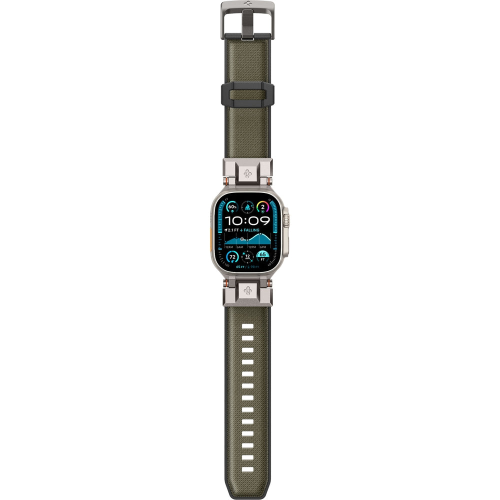 Grünes Spigen DuraPro Armor Armband für Apple Watch, TPU und Nylon, mit Metallschließe, kompatibel mit 49/46/45/44 mm Modellen.