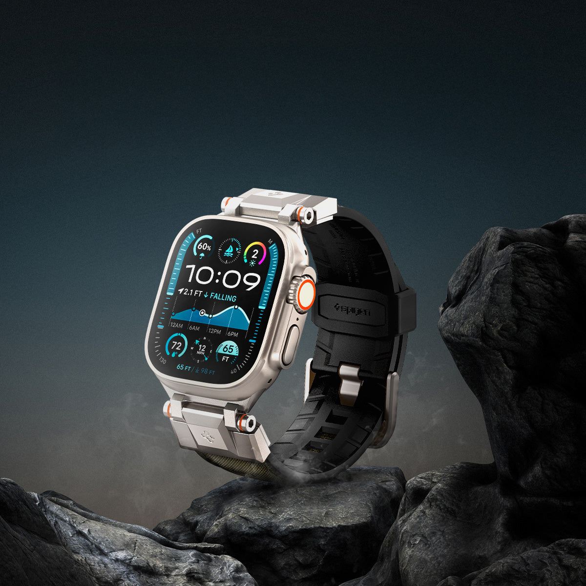 Grünes Spigen DuraPro Armor Armband für Apple Watch Ultra auf Felsen, robustes Design mit TPU und Nylon, ideal für 49/46/45/44 mm Modelle.