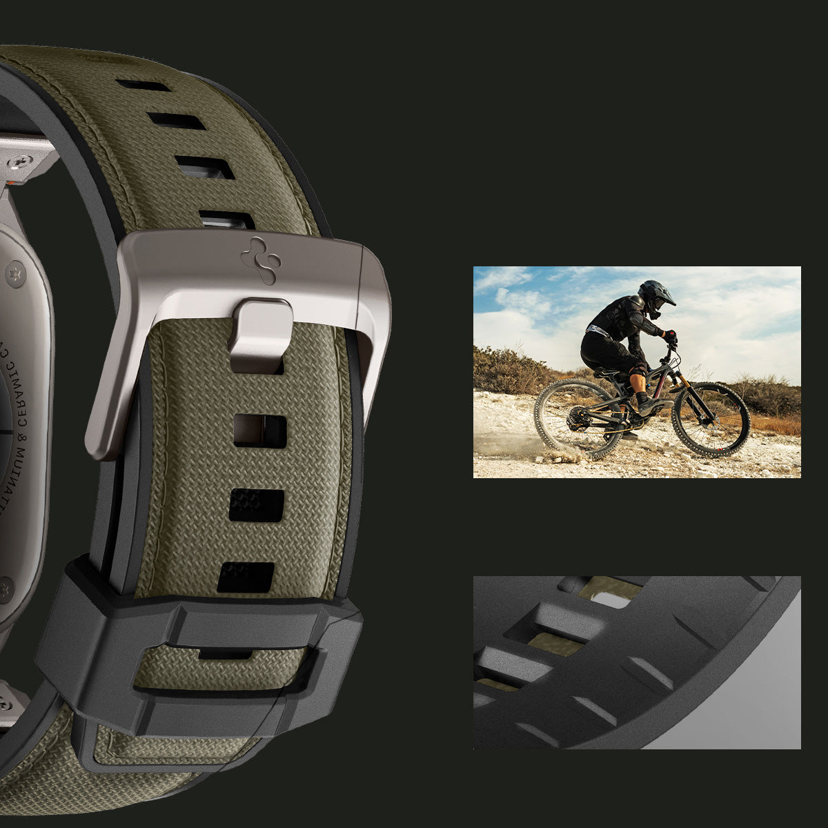 Spigen DuraPro Armor Armband für Apple Watch, 49/46/45/44 mm, in Grün mit strapazierfähigem TPU und Nylon, ideal für Outdoor-Aktivitäten.