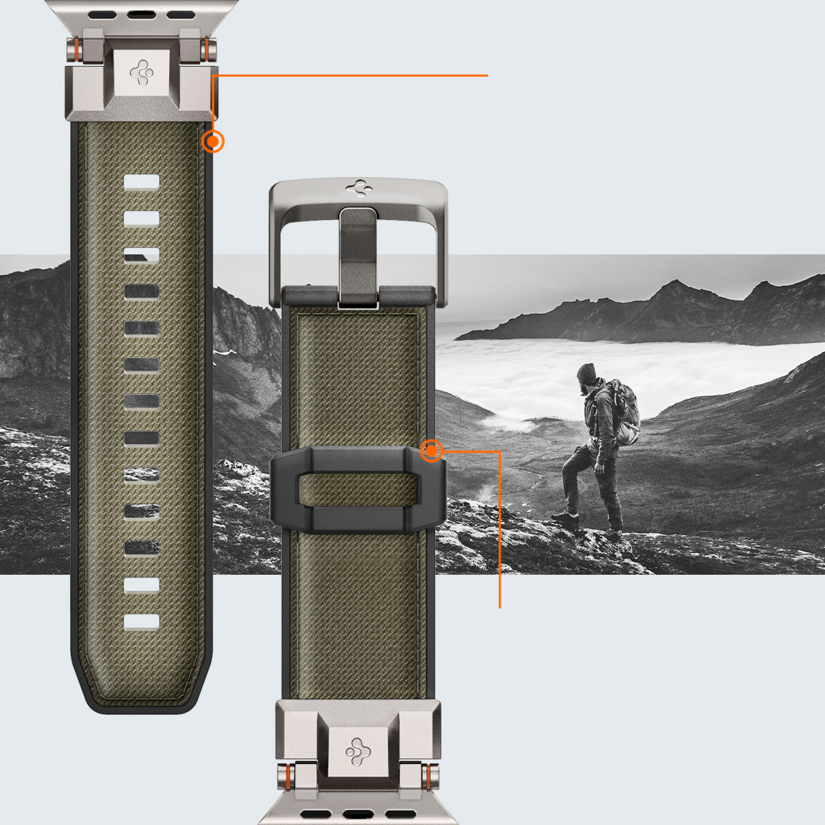 Grünes Spigen DuraPro Armor Armband für Apple Watch vor Berglandschaft