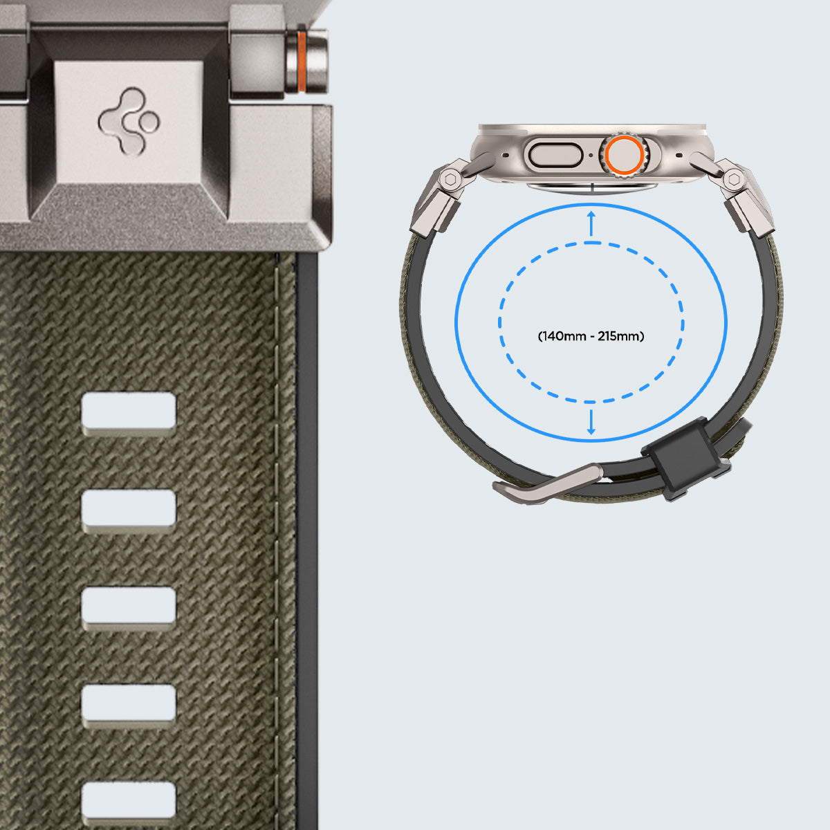 Spigen DuraPro Armor Armband in Grün für Apple Watch, aus TPU und Nylon, Detailansicht der Schlaufe und Abmessungen.