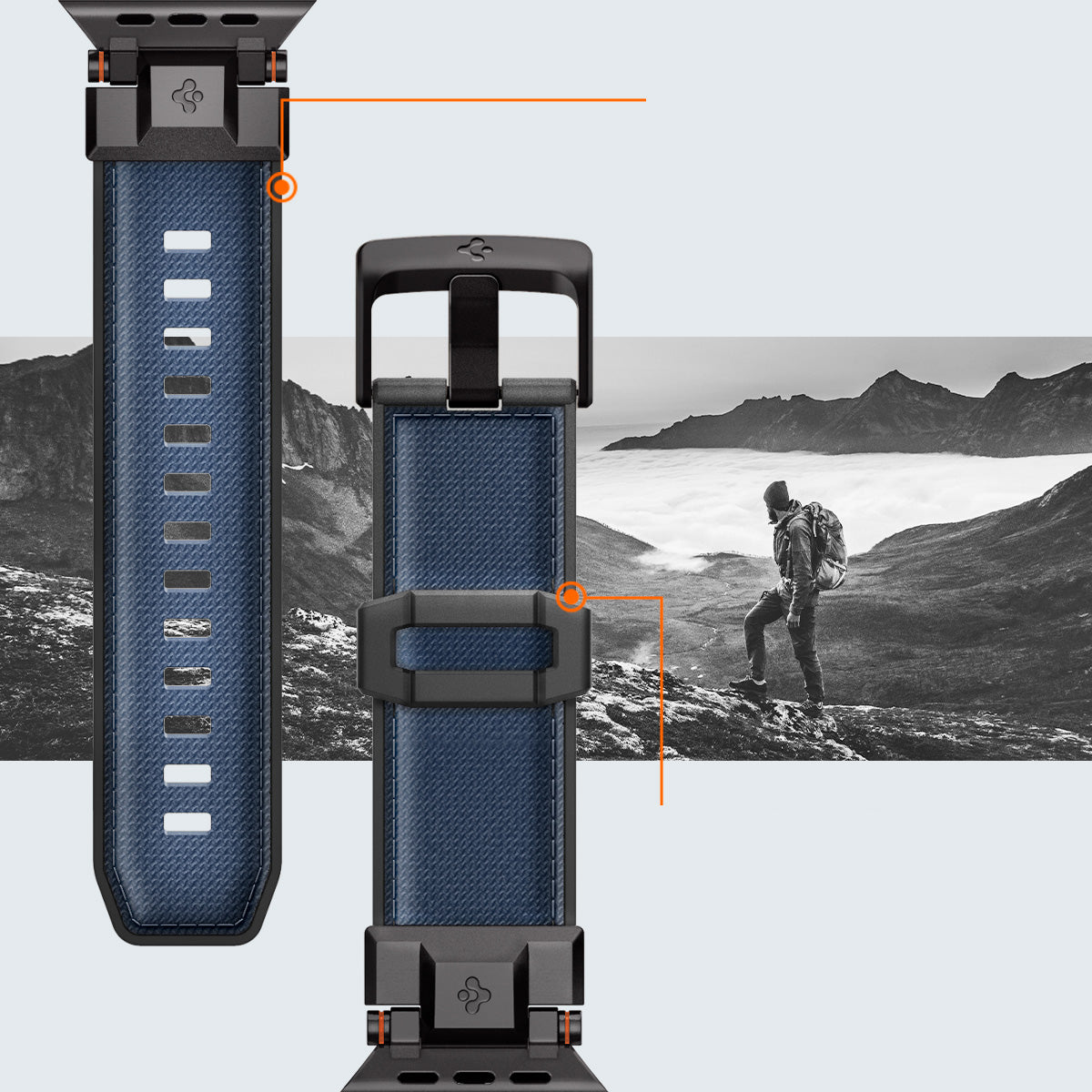 Spigen DuraPro Armor Armband für Apple Watch in Blau, haltbare Konstruktion aus TPU und Nylon, ideal für Outdoor-Aktivitäten.