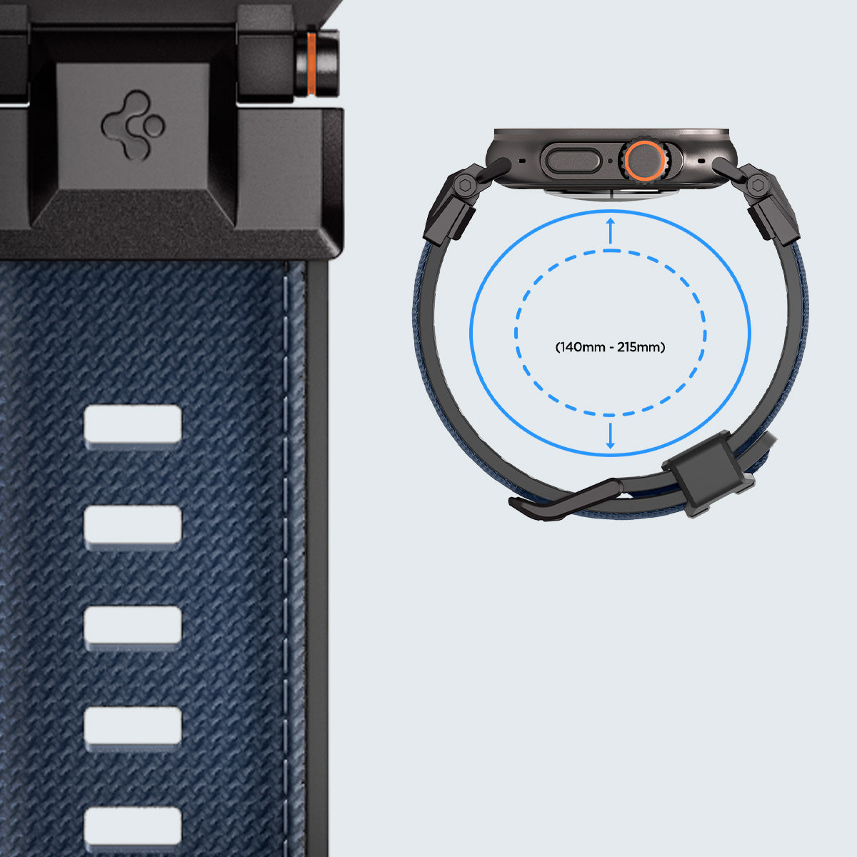 Spigen DuraPro Armor Armband in Blau für Apple Watch, robust aus TPU und Nylon, geeignet für 49/46/45/44 mm Modelle.
