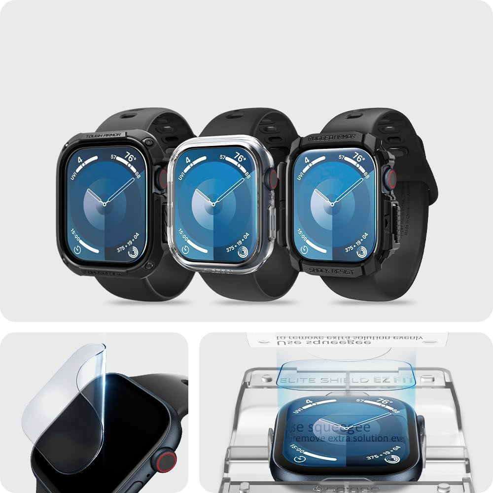 Hybridglas + Applikator für Apple Watch 10 46 mm, Spigen Elite Shield EZ Fit 2-Pack, Transparent