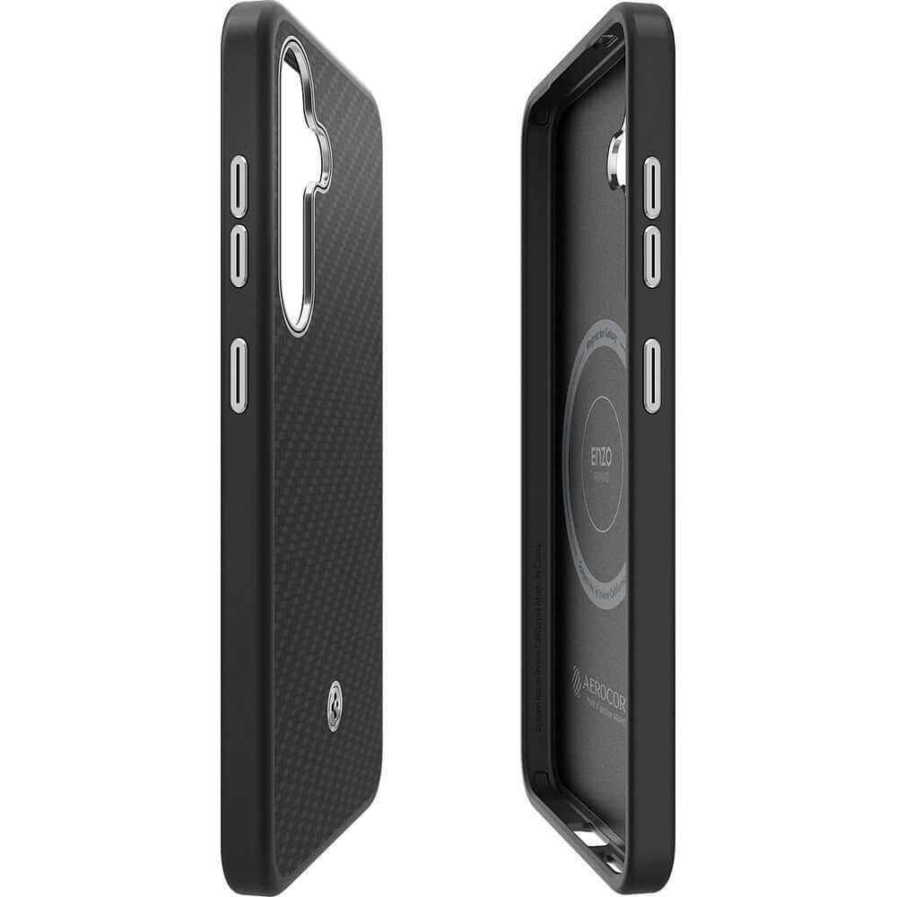 Magnetische-Handyhülle für Galaxy S25, Spigen Enzo Aramid, Schwarz-Silbern