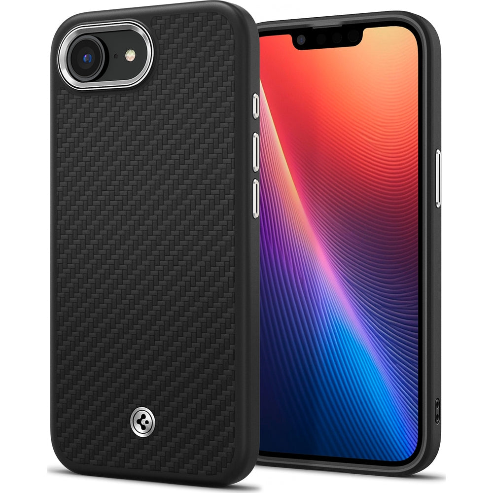 Handyhülle für iPhone 16e, Spigen Enzo Aramid Mag mit MagSafe, Schwarz-Silbern