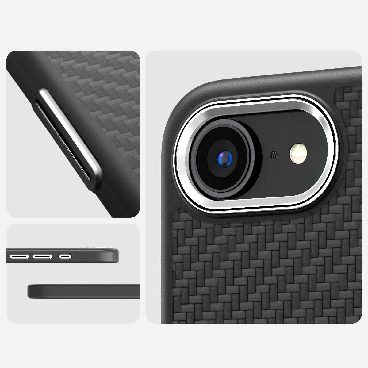 Handyhülle für iPhone 16e, Spigen Enzo Aramid Mag mit MagSafe, Schwarz-Silbern