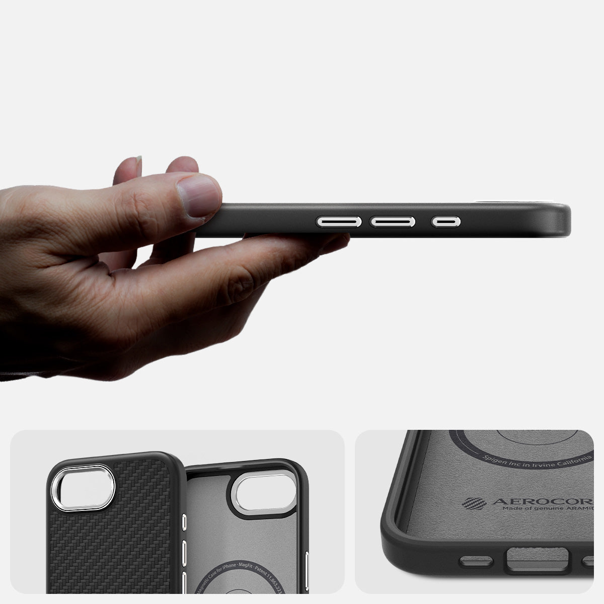 Handyhülle für iPhone 16e, Spigen Enzo Aramid Mag mit MagSafe, Schwarz-Silbern