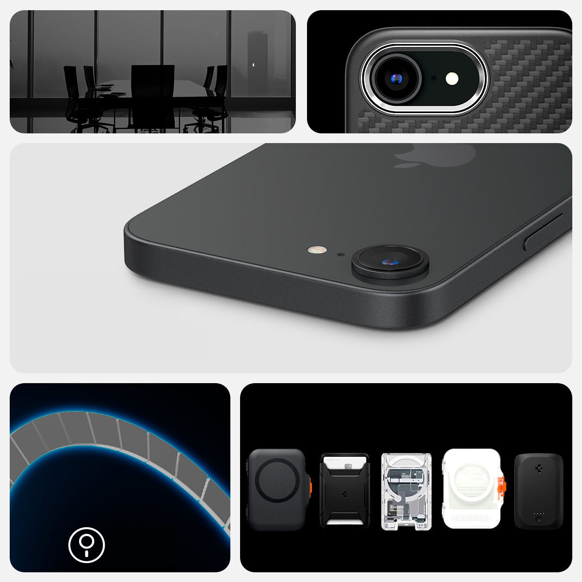 Handyhülle für iPhone 16e, Spigen Enzo Aramid Mag mit MagSafe, Schwarz-Silbern