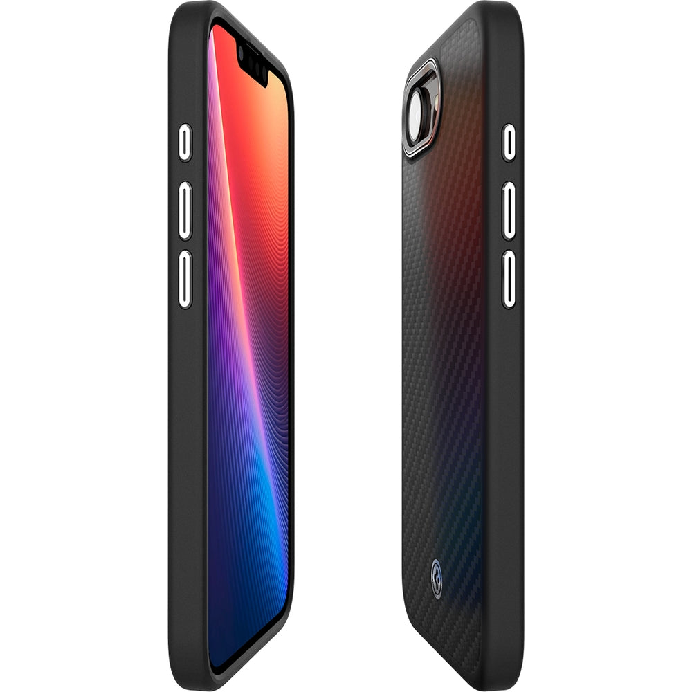 Handyhülle für iPhone 16e, Spigen Enzo Aramid Mag mit MagSafe, Schwarz-Silbern