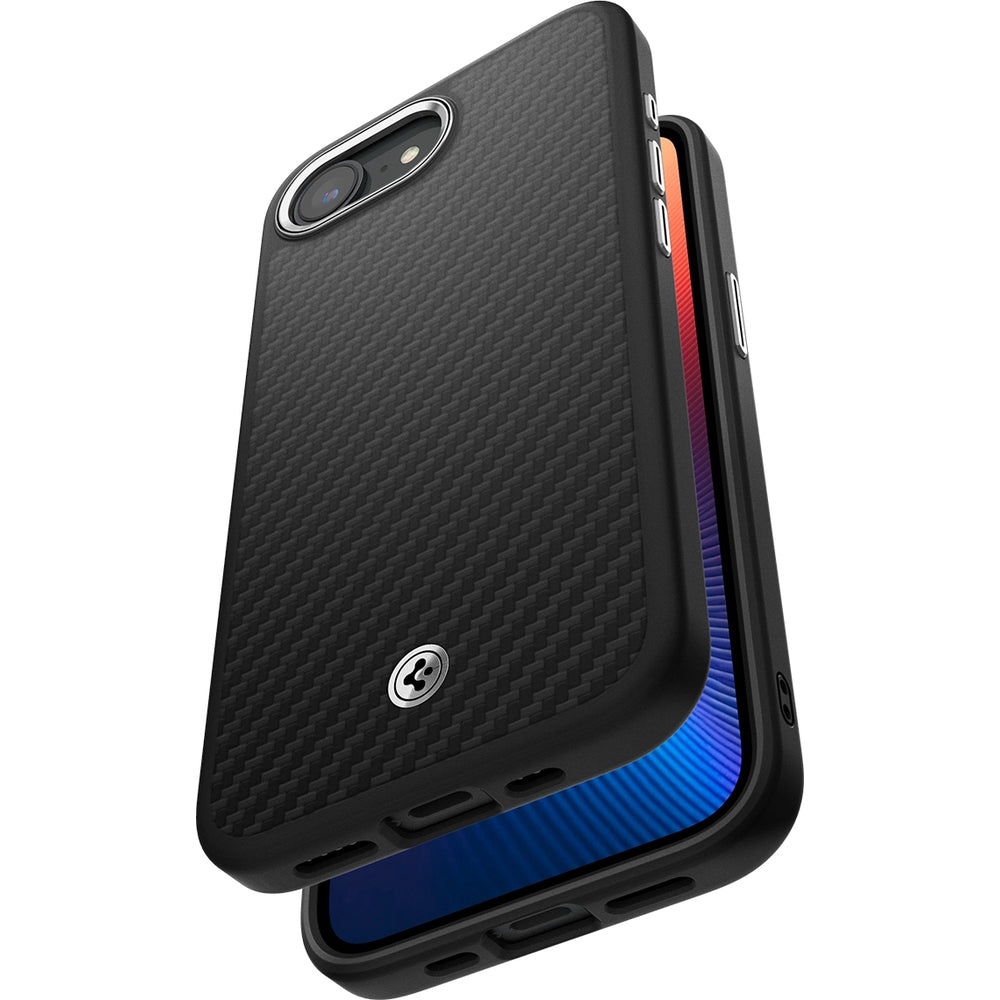 Handyhülle für iPhone 16e, Spigen Enzo Aramid Mag mit MagSafe, Schwarz-Silbern