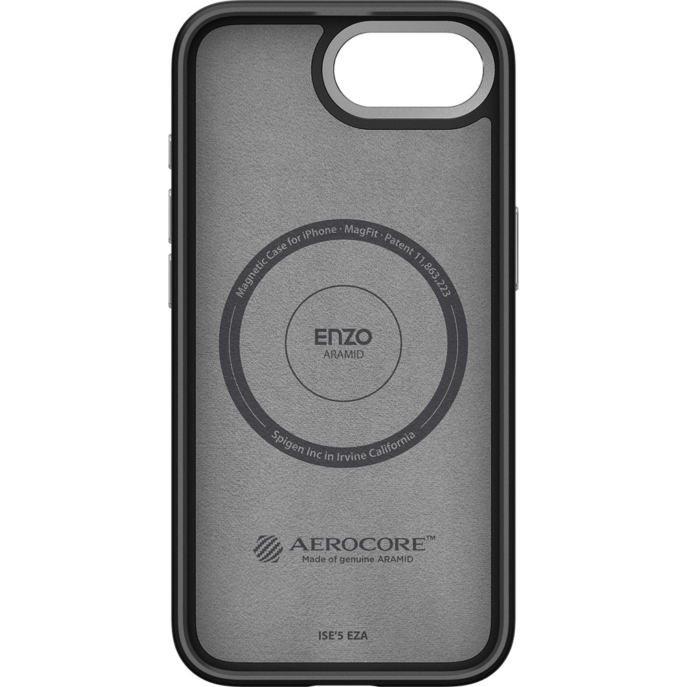 Handyhülle für iPhone 16e, Spigen Enzo Aramid Mag mit MagSafe, Schwarz-Silbern