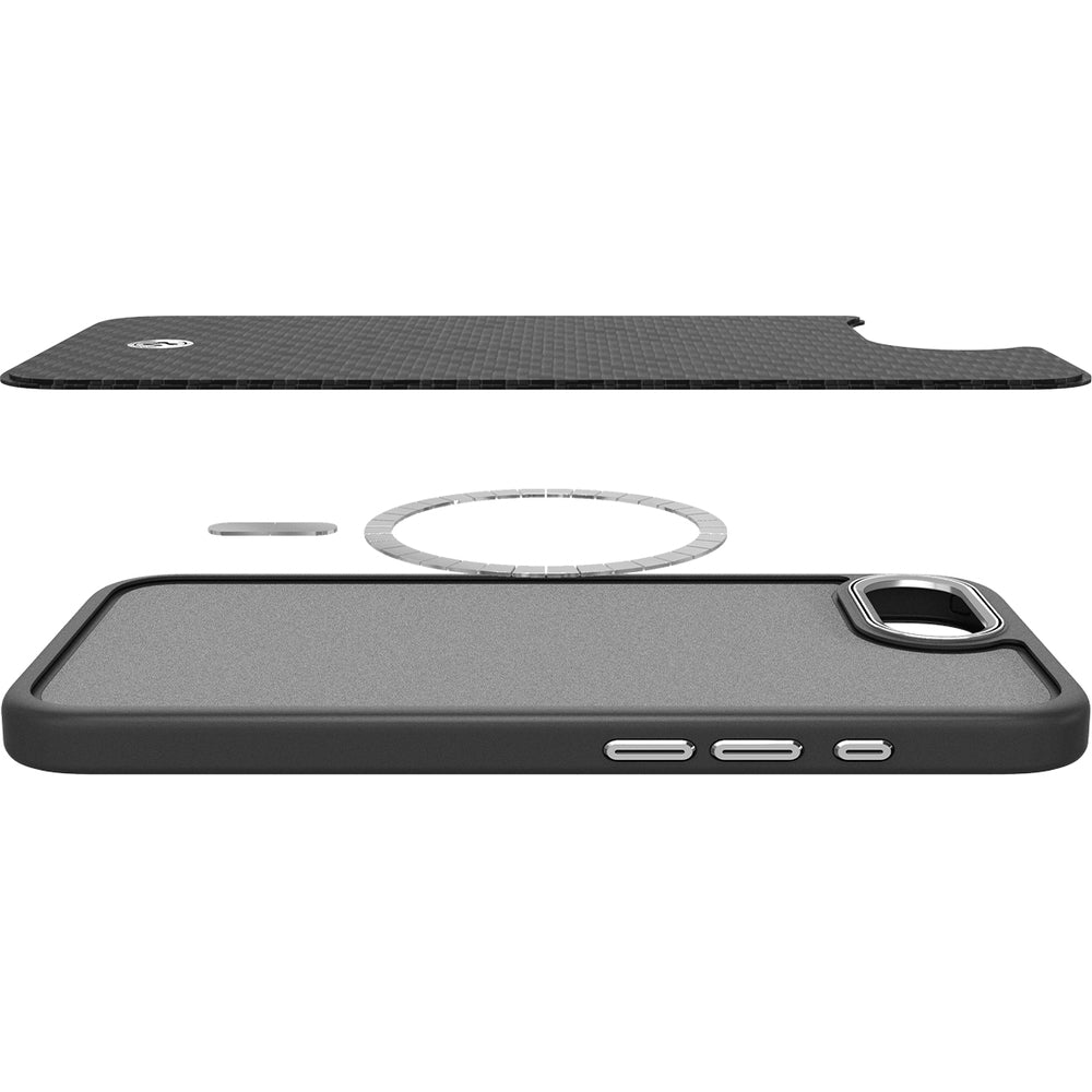 Handyhülle für iPhone 16e, Spigen Enzo Aramid Mag mit MagSafe, Schwarz-Silbern