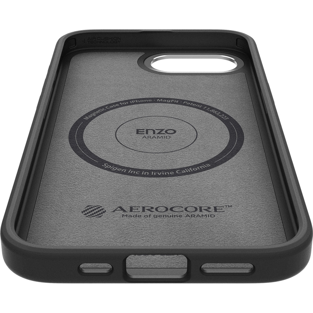 Handyhülle für iPhone 16e, Spigen Enzo Aramid Mag mit MagSafe, Schwarz-Silbern