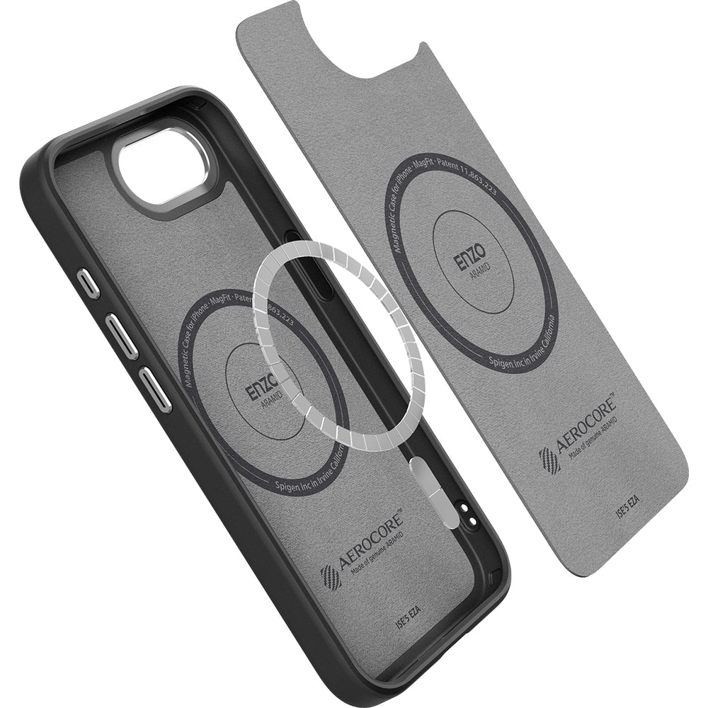 Handyhülle für iPhone 16e, Spigen Enzo Aramid Mag mit MagSafe, Schwarz-Silbern