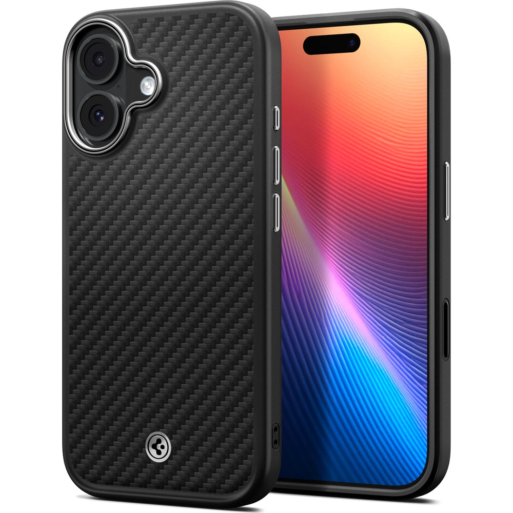 Handyhülle für iPhone 17, Spigen Enzo Aramid T Mag (CC) mit MagSafe, Schwarz-Silbern