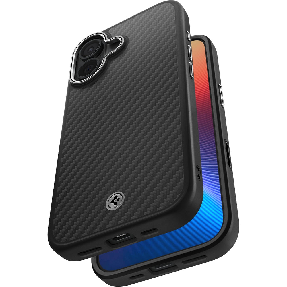 Handyhülle für iPhone 17, Spigen Enzo Aramid T Mag (CC) mit MagSafe, Schwarz-Silbern