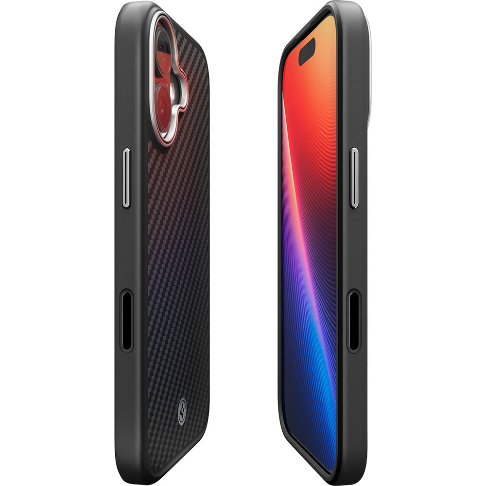 Handyhülle für iPhone 17, Spigen Enzo Aramid T Mag (CC) mit MagSafe, Schwarz-Silbern