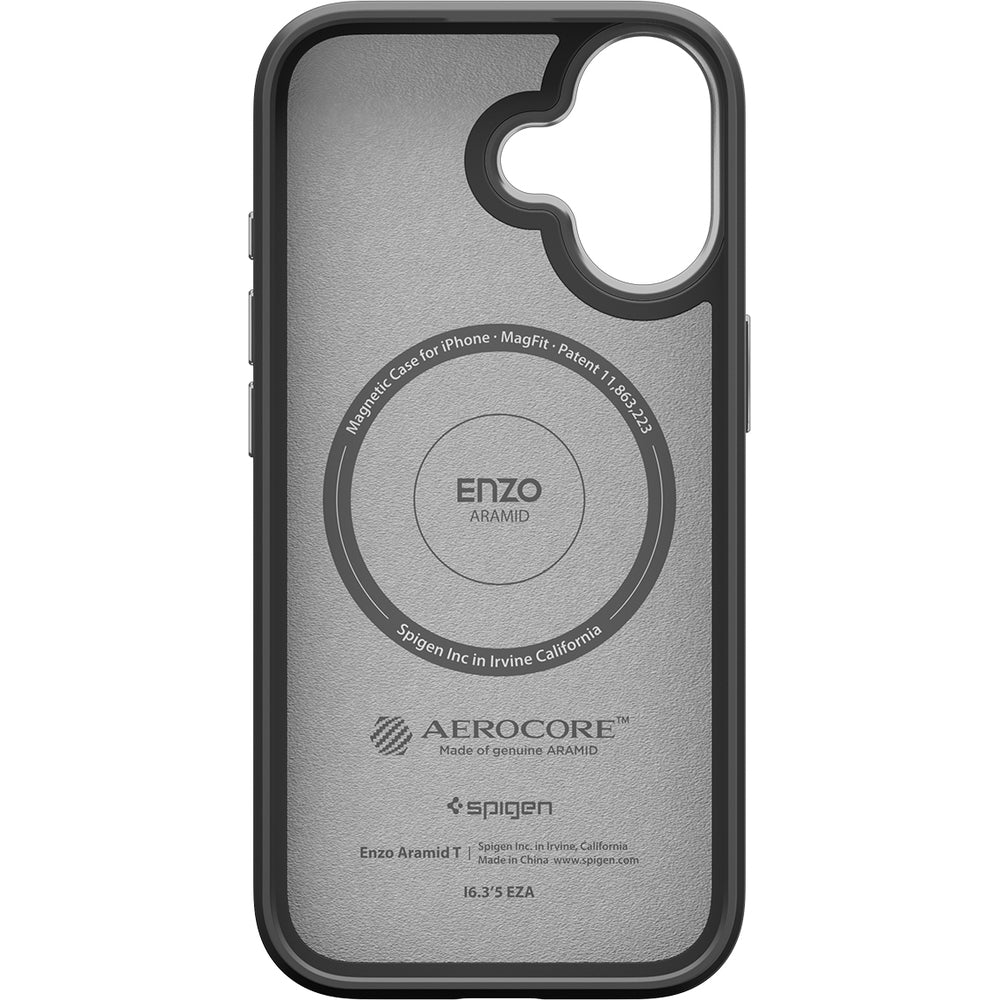 Handyhülle für iPhone 17, Spigen Enzo Aramid T Mag (CC) mit MagSafe, Schwarz-Silbern