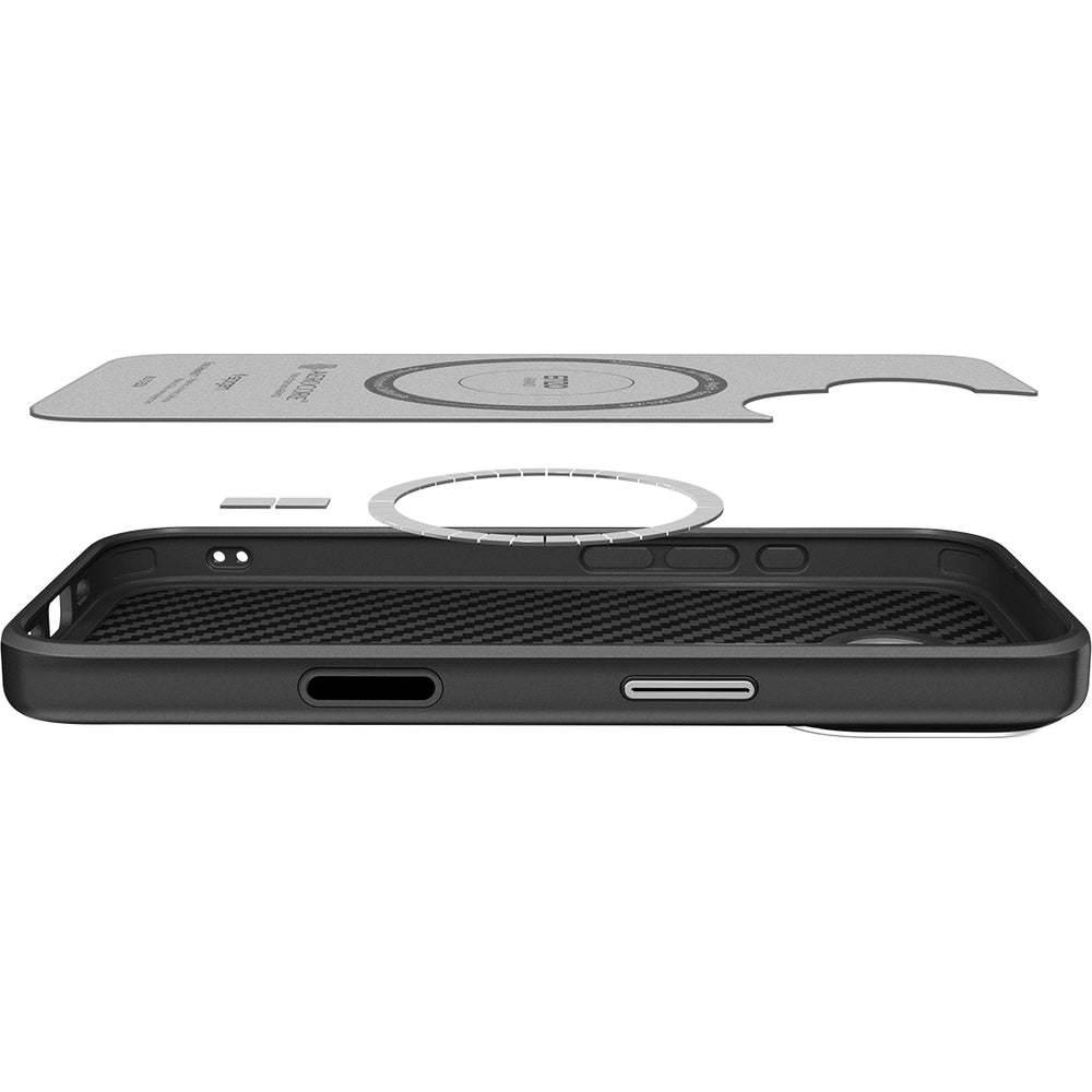 Handyhülle für iPhone 17, Spigen Enzo Aramid T Mag (CC) mit MagSafe, Schwarz-Silbern