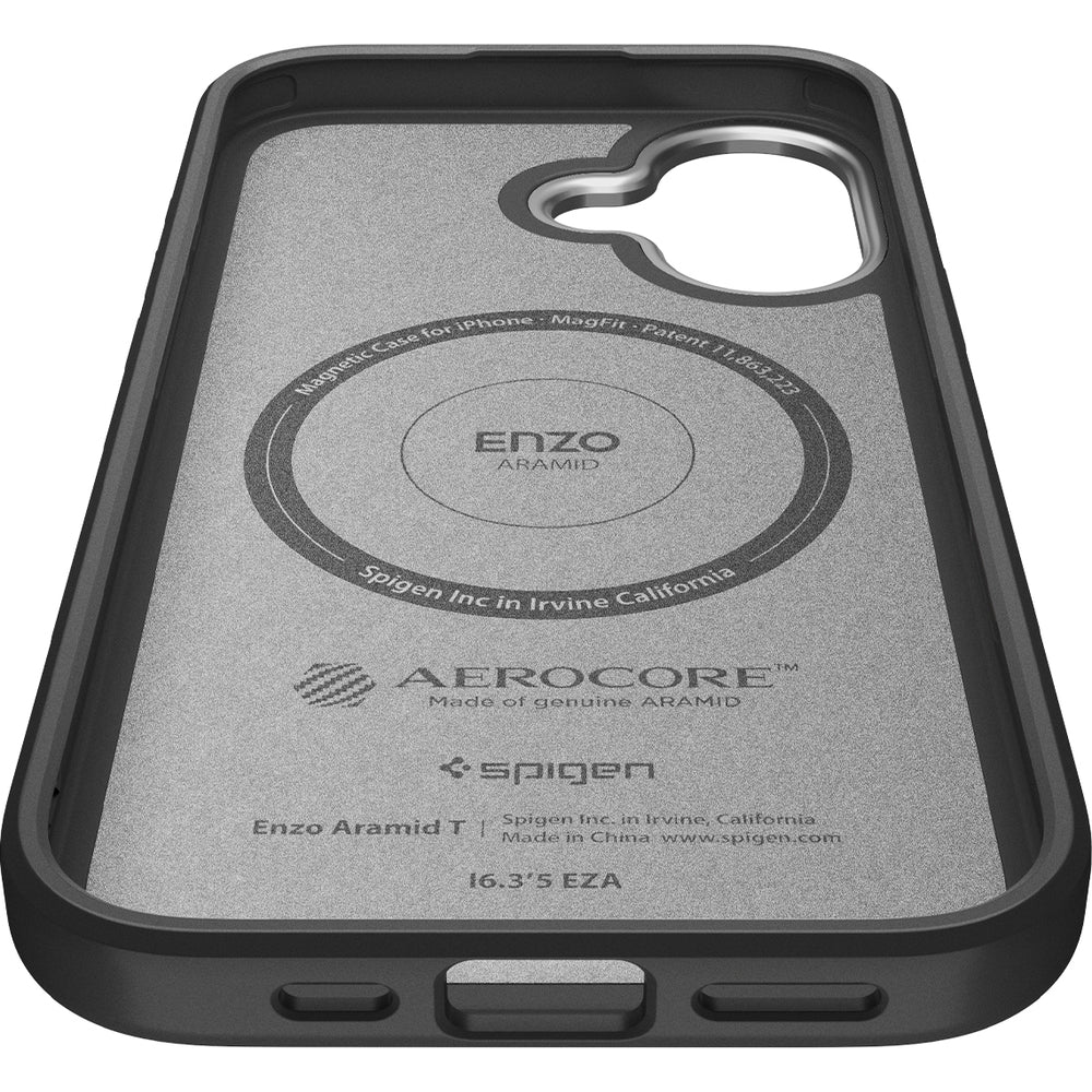 Handyhülle für iPhone 17, Spigen Enzo Aramid T Mag (CC) mit MagSafe, Schwarz-Silbern