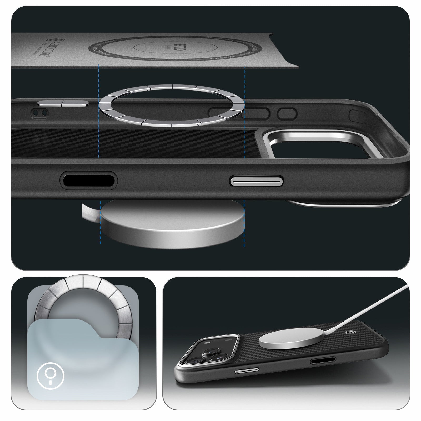 Handyhülle für iPhone 17 Pro, Spigen Enzo Aramid T Mag (CC) mit MagSafe, Schwarz-Silbern