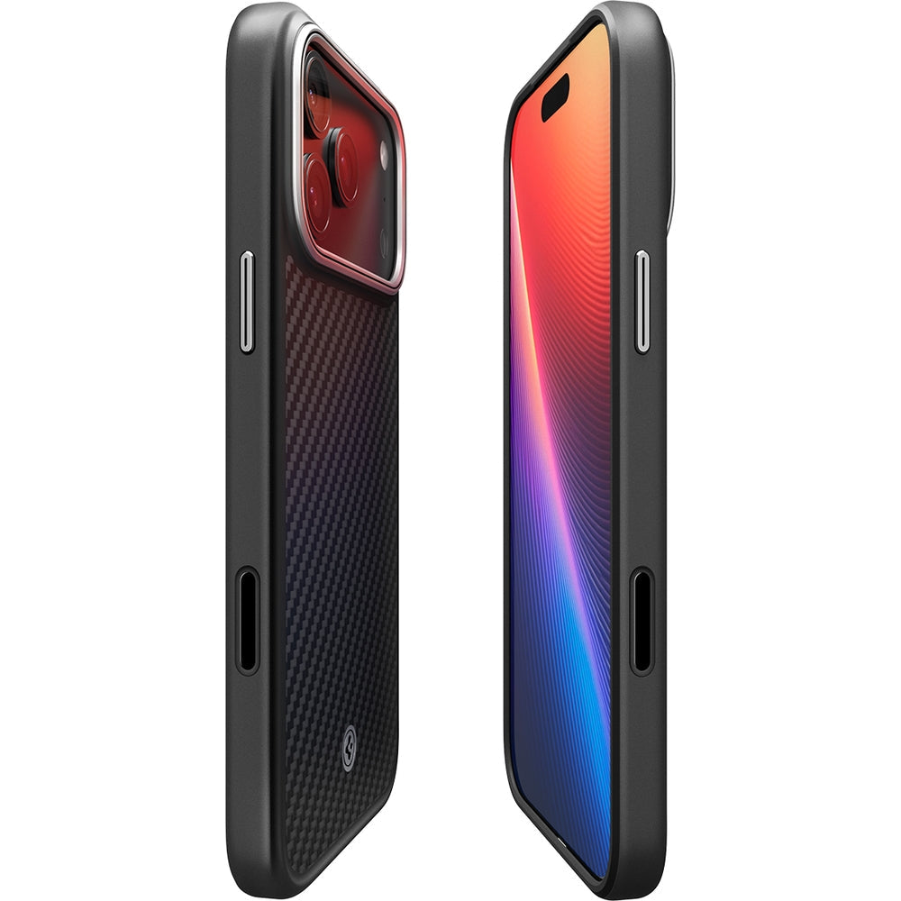Handyhülle für iPhone 17 Pro, Spigen Enzo Aramid T Mag (CC) mit MagSafe, Schwarz-Silbern