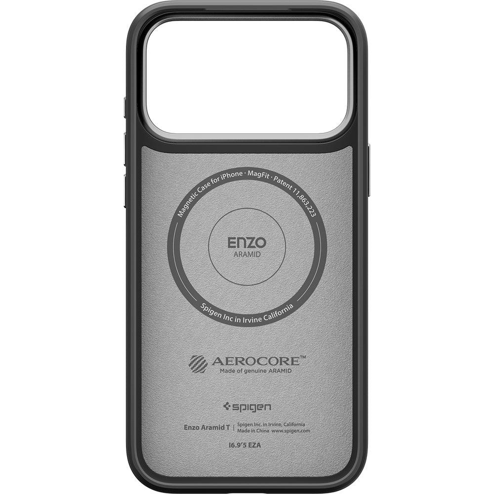 Handyhülle für iPhone 17 Pro Max, Spigen Enzo Aramid T Mag (CC) mit MagSafe, Schwarz-Silbern