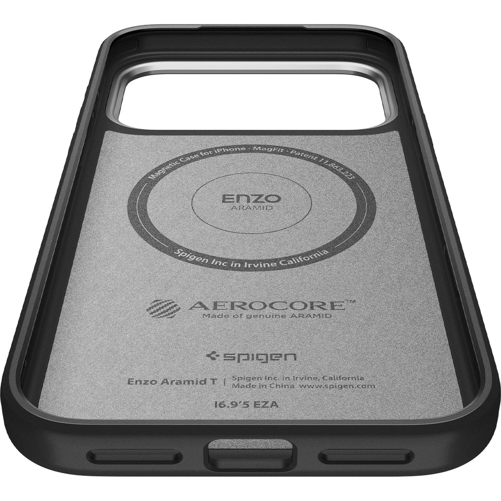 Handyhülle für iPhone 17 Pro Max, Spigen Enzo Aramid T Mag (CC) mit MagSafe, Schwarz-Silbern